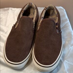 Vans Brown Suede Slip-On Loafers with Patterned Plush Lining